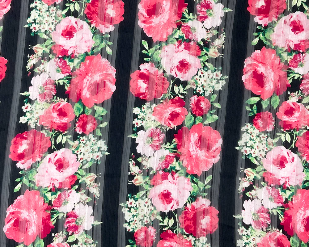 Red-Multi Poly Floral Printed Satin Stripe Chiffon Woven Fabric - Image 3