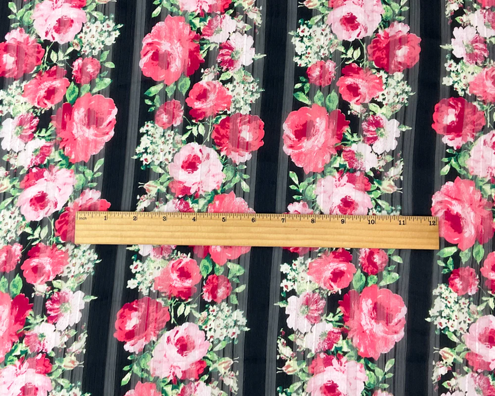 Red-Multi Poly Floral Printed Satin Stripe Chiffon Woven Fabric - Image 4