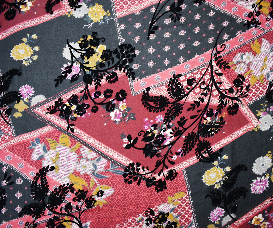 Red-Multi Poly Patch Floral Velvet Flocked Chiffon Woven Fabric - Image 3