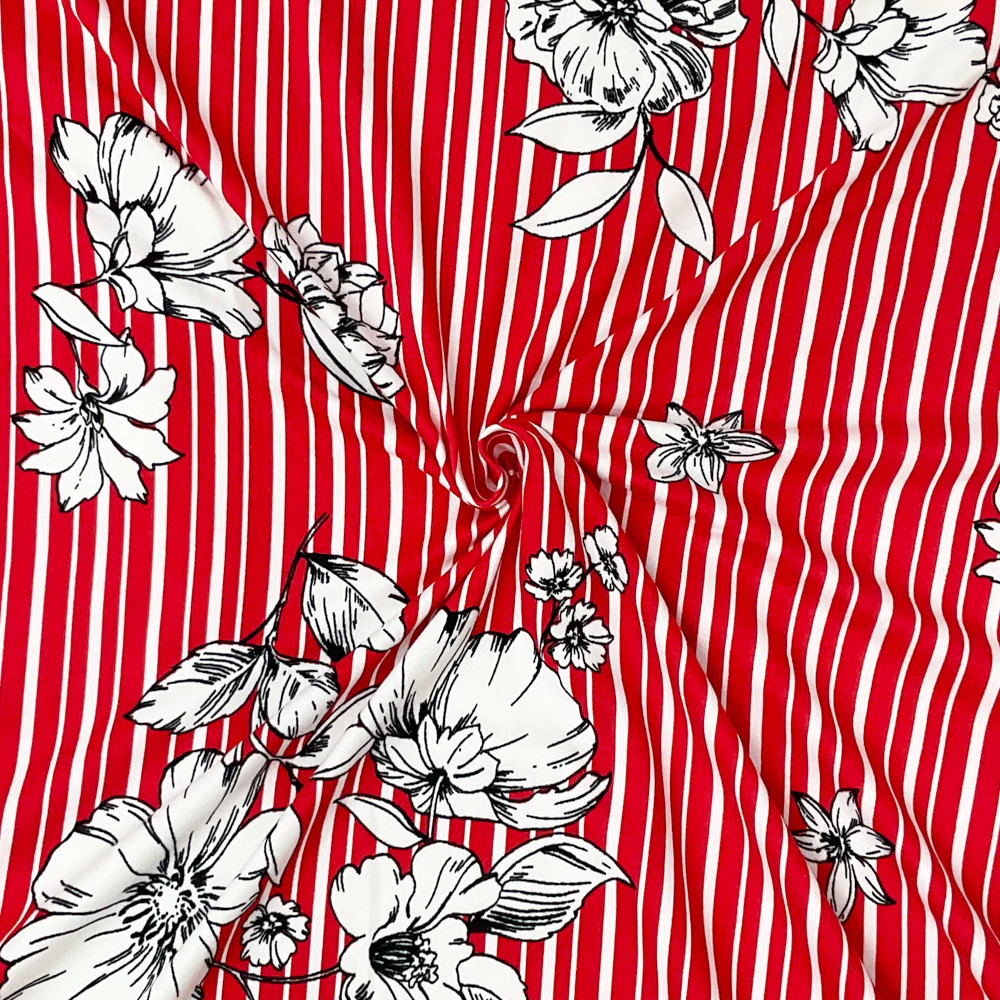 Red-Multi Poly Stretch Spandex Floral Stripe Print DB Jersey Knit Fabric
