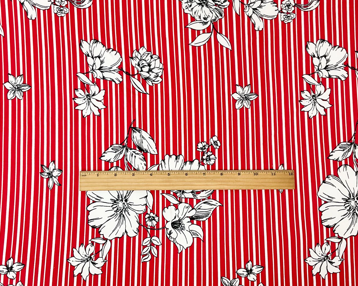 Red-Multi Poly Stretch Spandex Floral Stripe Print DB Jersey Knit Fabric - Image 4