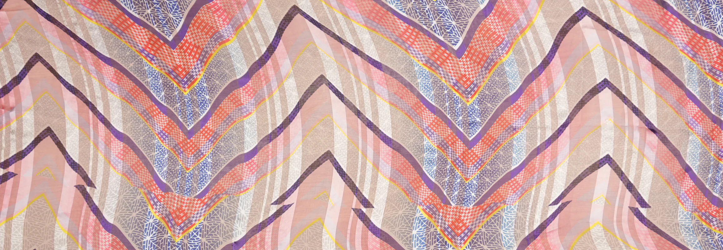Red-Multi Silk Abstract Chevron Print Chiffon Satin Woven Fabric - Image 2