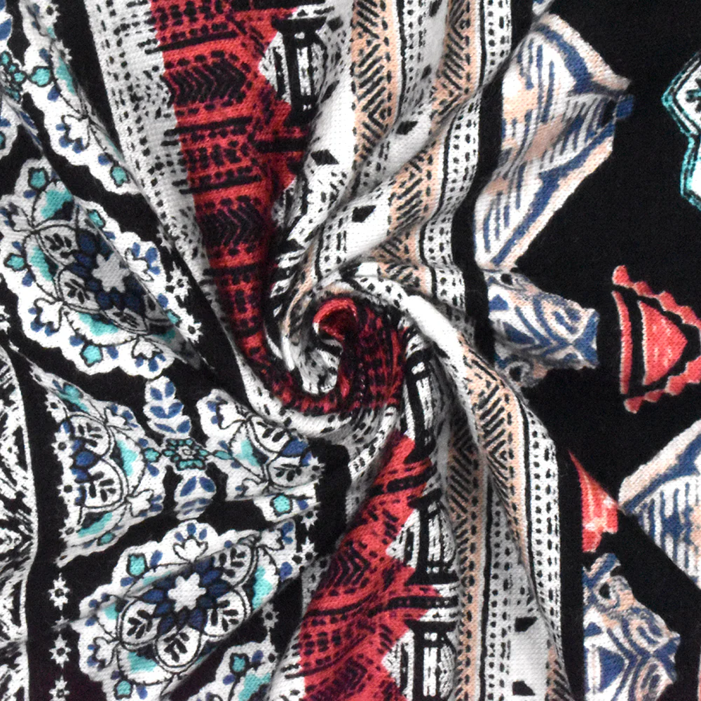Red-Multi Striped Mixed Pattern Print Slub Rayon Stretch Jersey Knit Fabric - Image 2