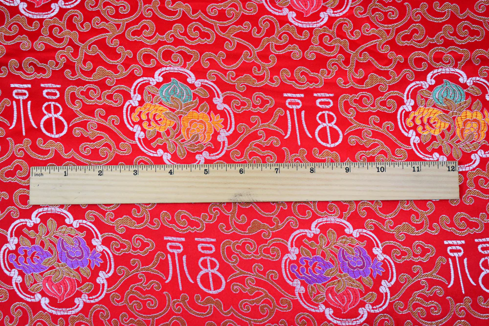 Red-Orange-Multi Polyester Fancy Floral Trellis Chinese Brocade Woven Fabric - Image 5
