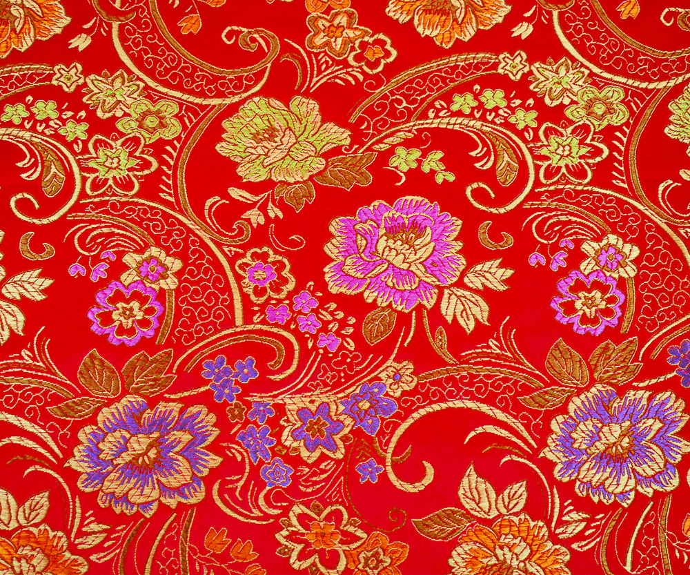 Red-Orange-Multi Polyester Floral Vine Pattern Chinese Brocade Woven Fabric - Image 2