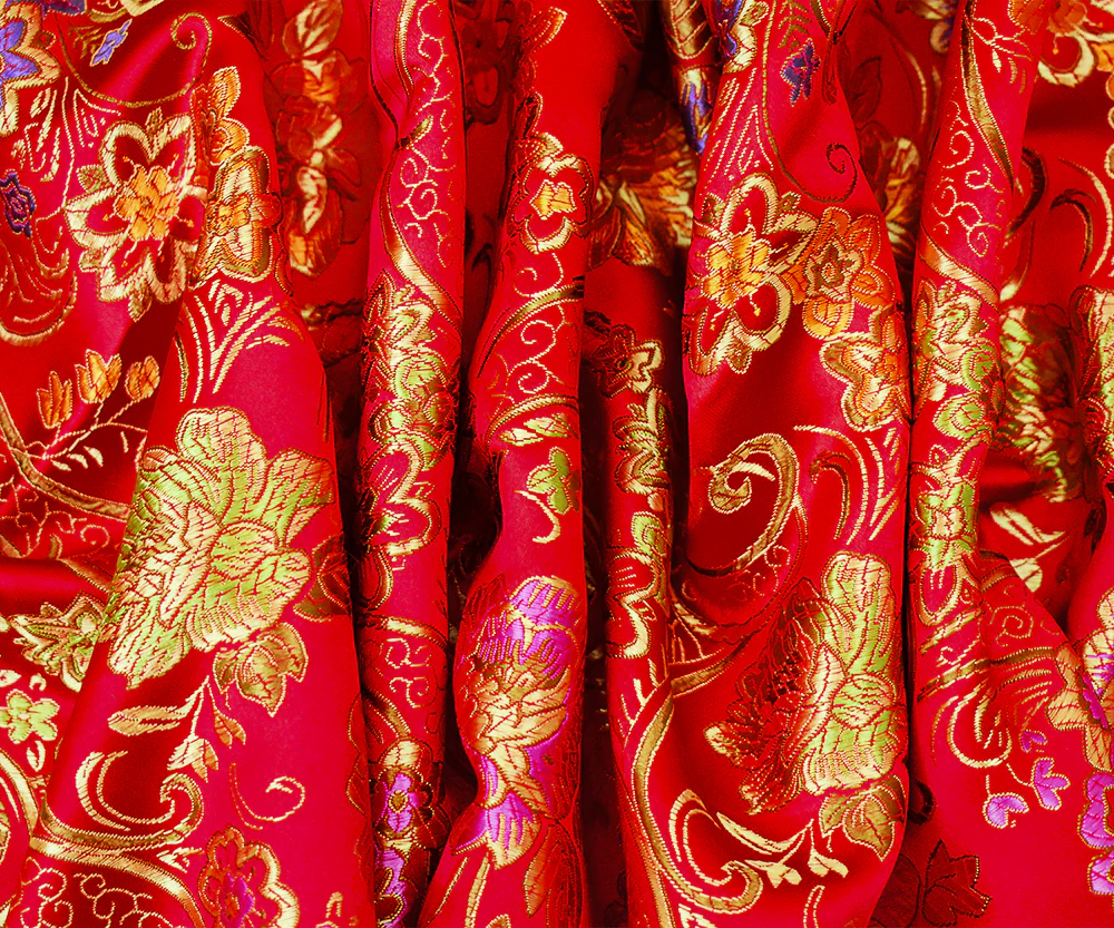 Red-Orange-Multi Polyester Floral Vine Pattern Chinese Brocade Woven Fabric - Image 3