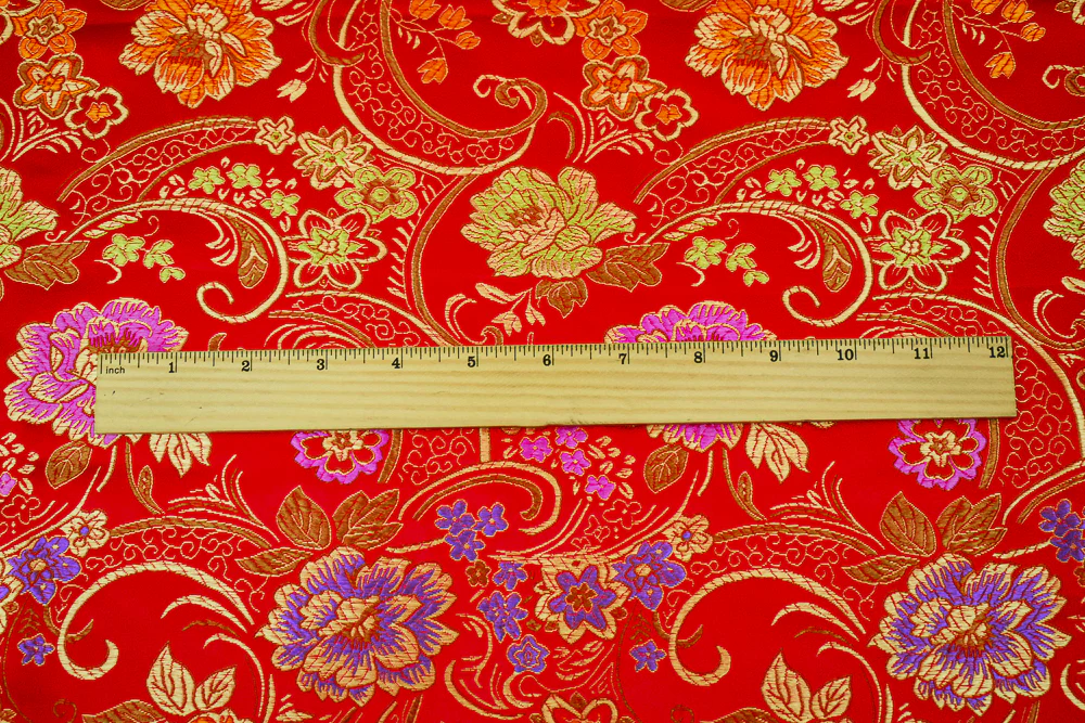 Red-Orange-Multi Polyester Floral Vine Pattern Chinese Brocade Woven Fabric - Image 5
