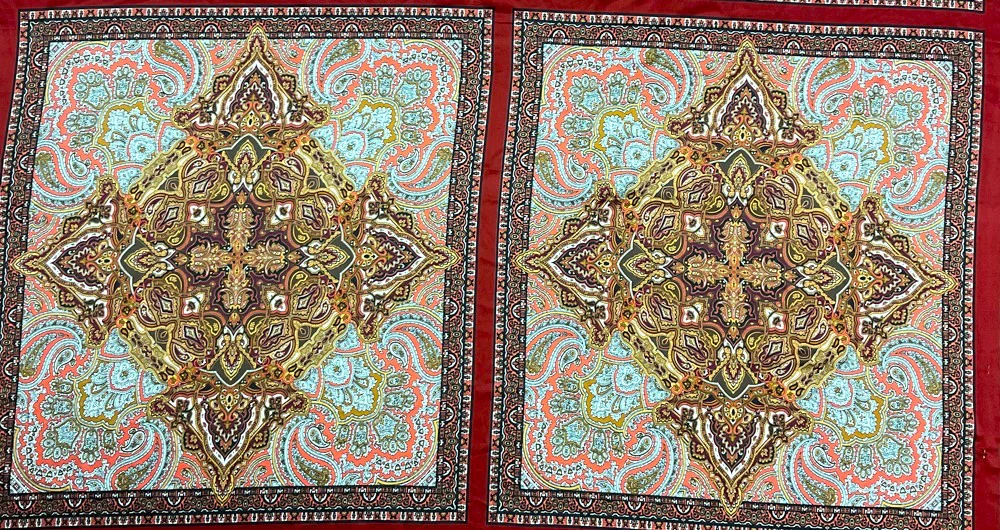 Red-Orange-Multi Polyester Paisley Bandana PANEL Printed Charmeuse Woven Fabric - Image 2
