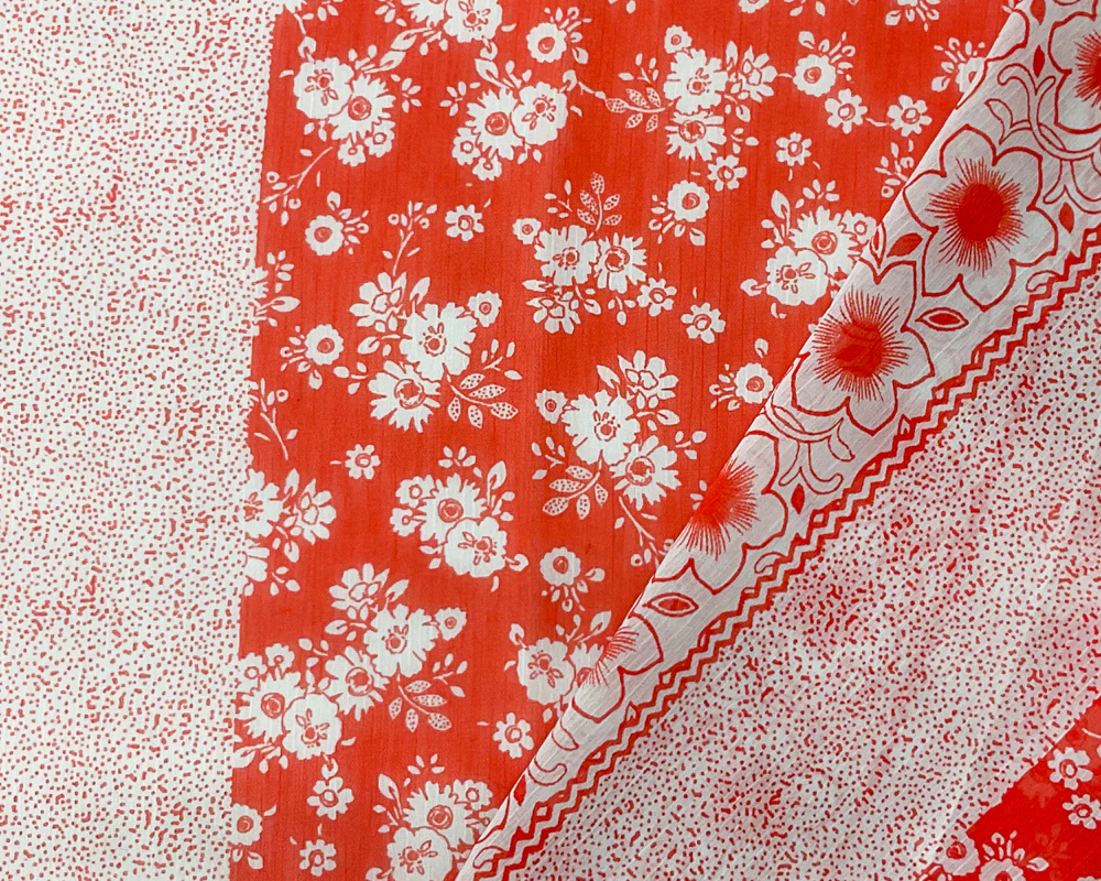 Red Orange Poly Floral Printed Crinkle Yoryu Chiffon Woven Fabric - Image 2