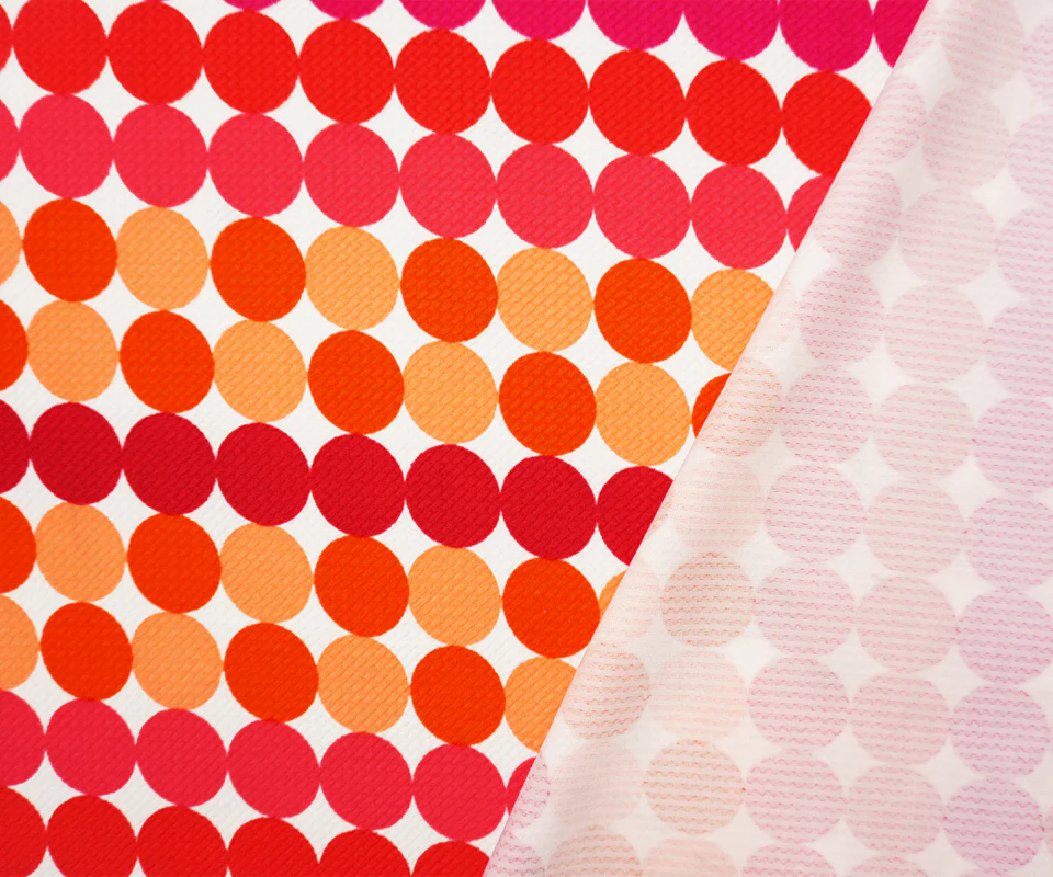 Red-Orange-White Poly Dot Print Liverpool Double Knit Fabric - Image 2
