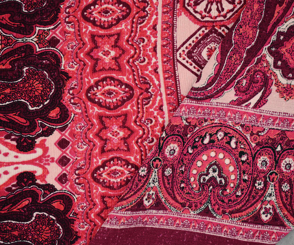Red-Pink-Multi Poly Paisley Baroque Printed Crepe Georgette Woven Fabric - Image 2