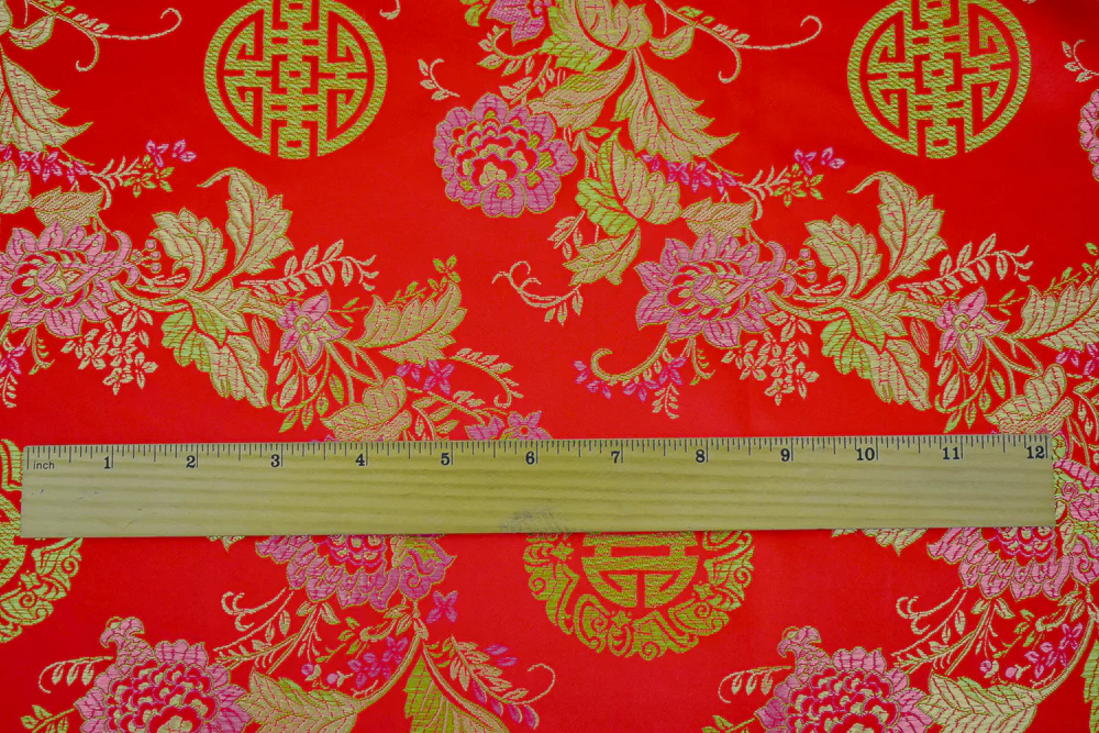 Red-Pink-Multi Polyester Floral Chinese Brocade Woven Fabric - Image 5
