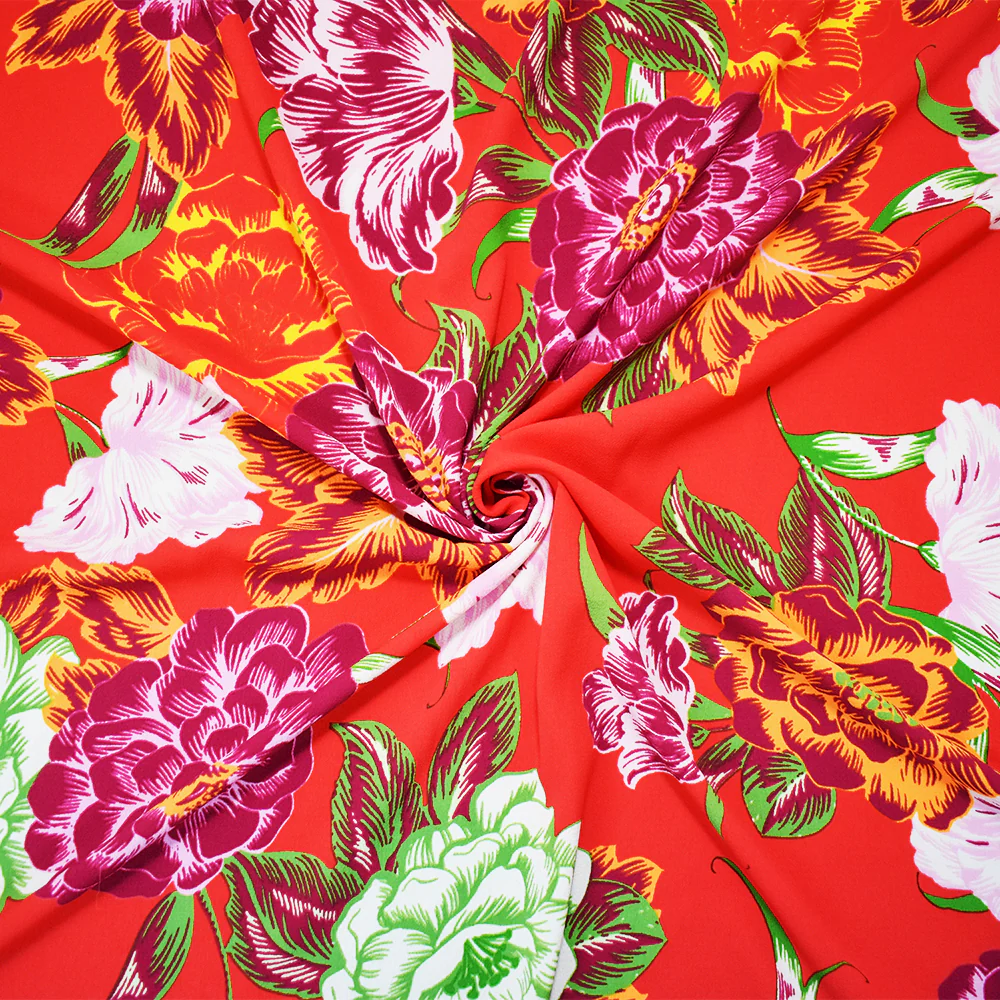 Red-Purple-Multi Poly Floral Print Pebble Crepe Woven Fabric