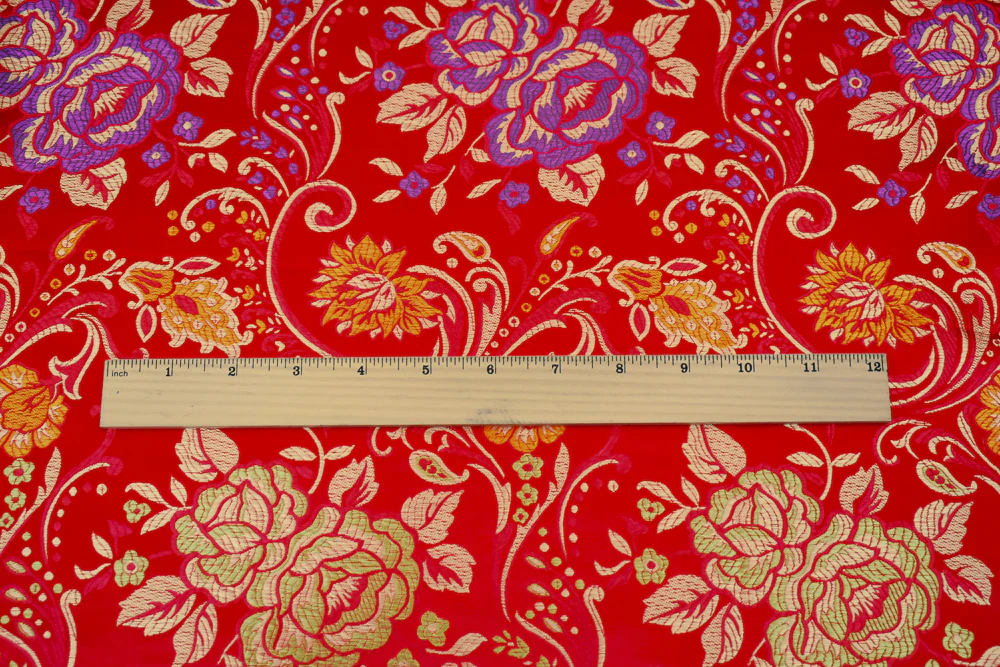 Red-Purple-Multi Polyester Floral Vine Pattern Chinese Brocade Woven Fabric - Image 4