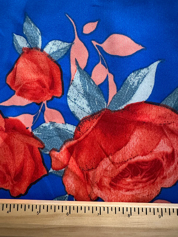 Red Rose Print on Royal Blue Scuba Knit Fabric - Image 3