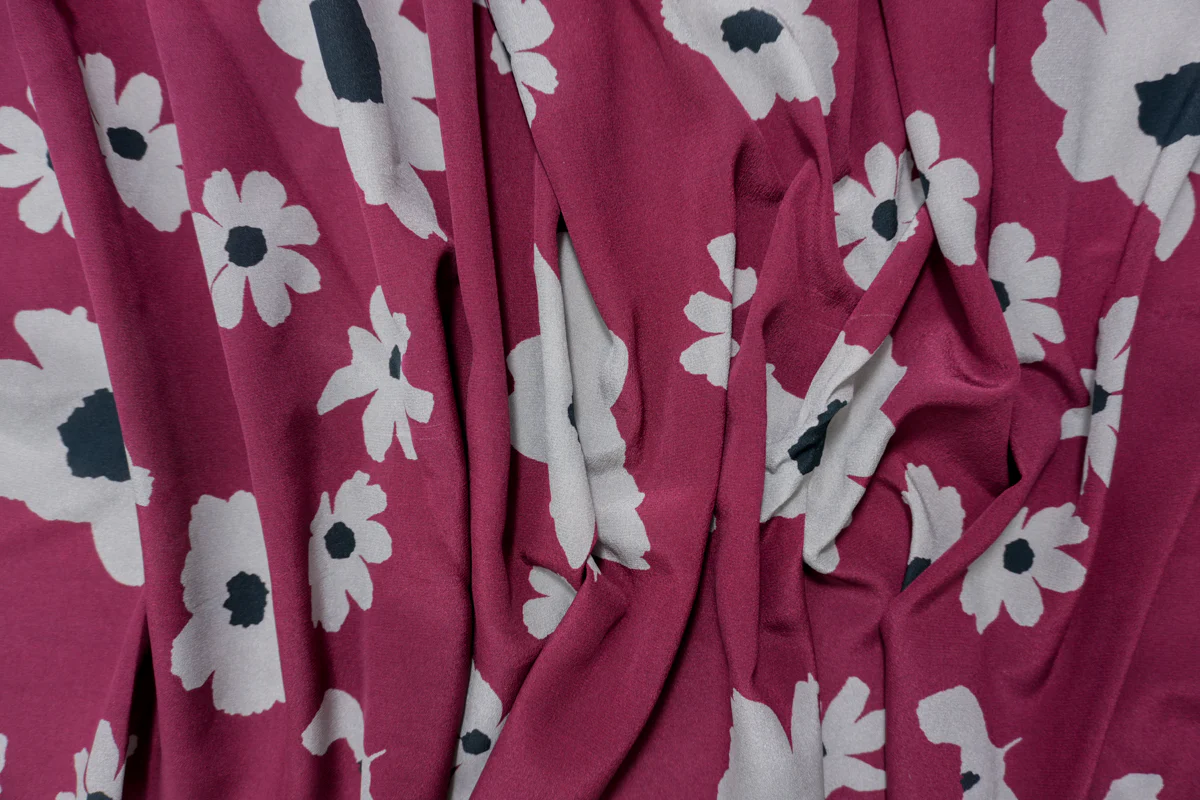 Red Silk Floral Printed Crepe De Chine Woven Fabric - Image 3