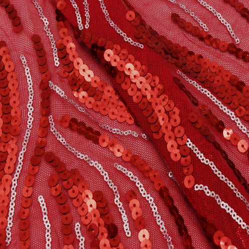 Red/Silver Wave Line Sequined Mesh Knit Fabric