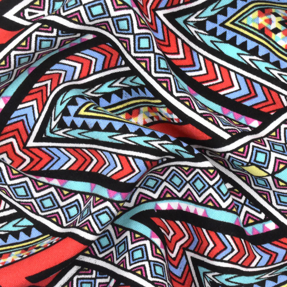 Red-Teal-Multi Abstract Chevron Aztec Printed Challis Fabric - Image 2