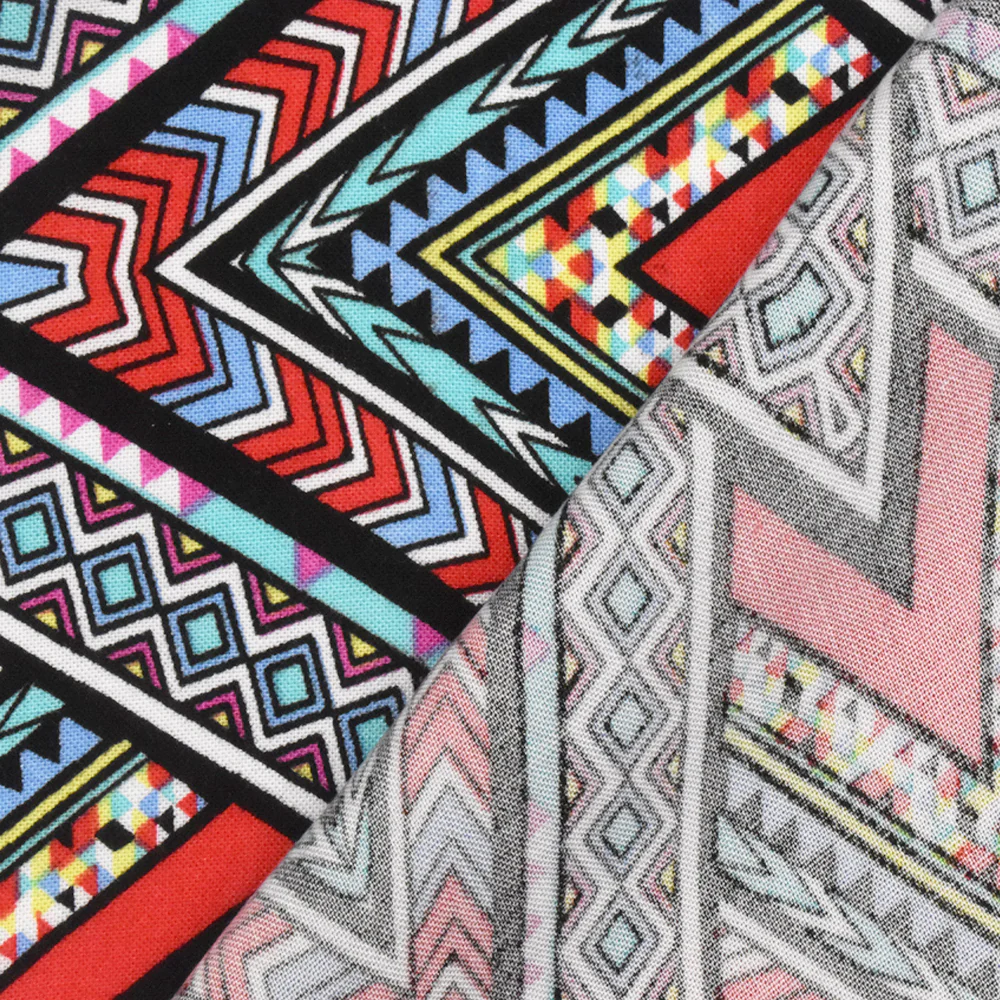 Red-Teal-Multi Abstract Chevron Aztec Printed Challis Fabric - Image 4