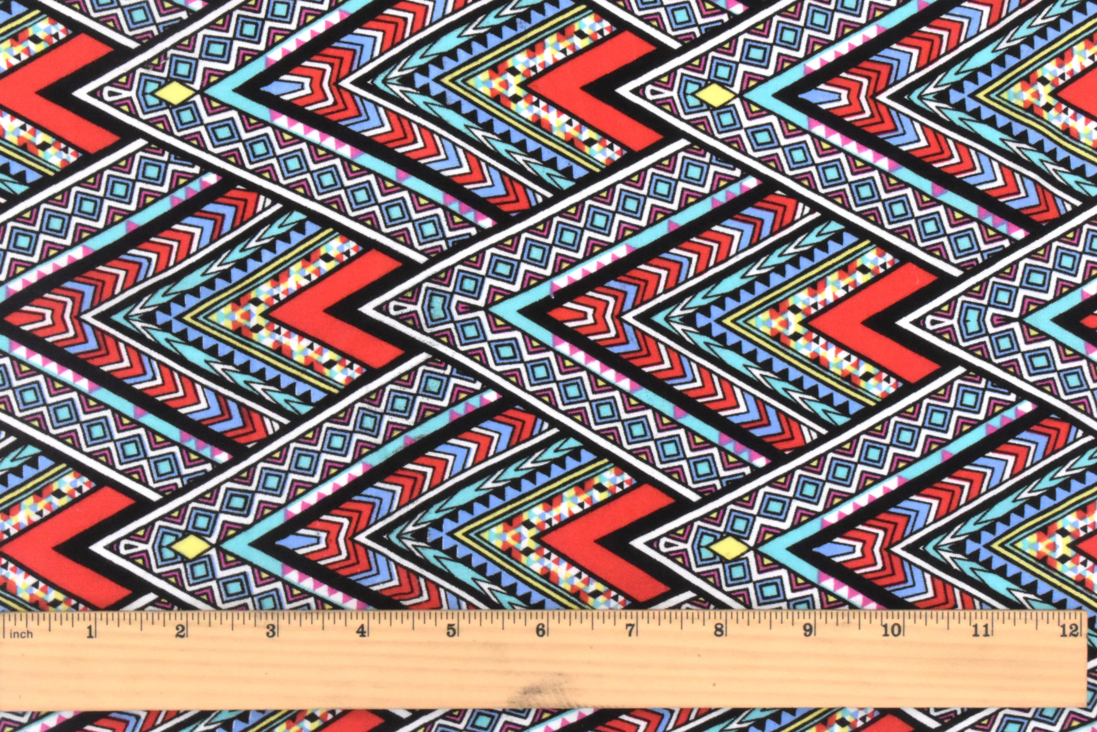 Red-Teal-Multi Abstract Chevron Aztec Printed Challis Fabric - Image 5