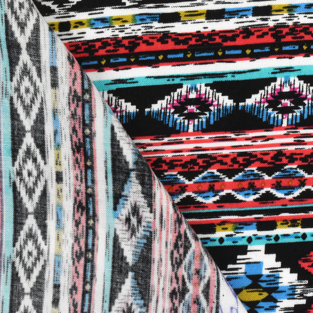 Red-Teal-Multi Aztec Stripe Printed Rayon Challis Woven Fabric - Image 4
