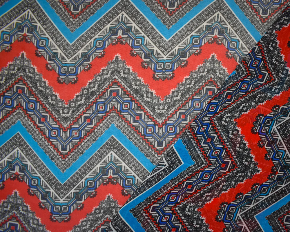Red-Turquoise-Multi Poly Chevron Aztec Printed Chiffon Woven Fabric - Image 2