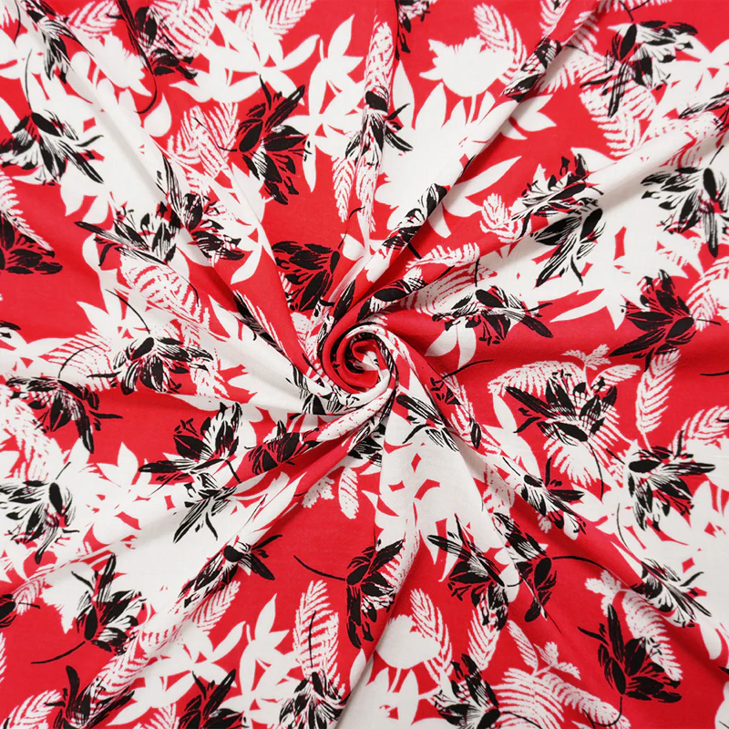 Red-White-Black Rayon Floral Printed Voile Woven Fabric