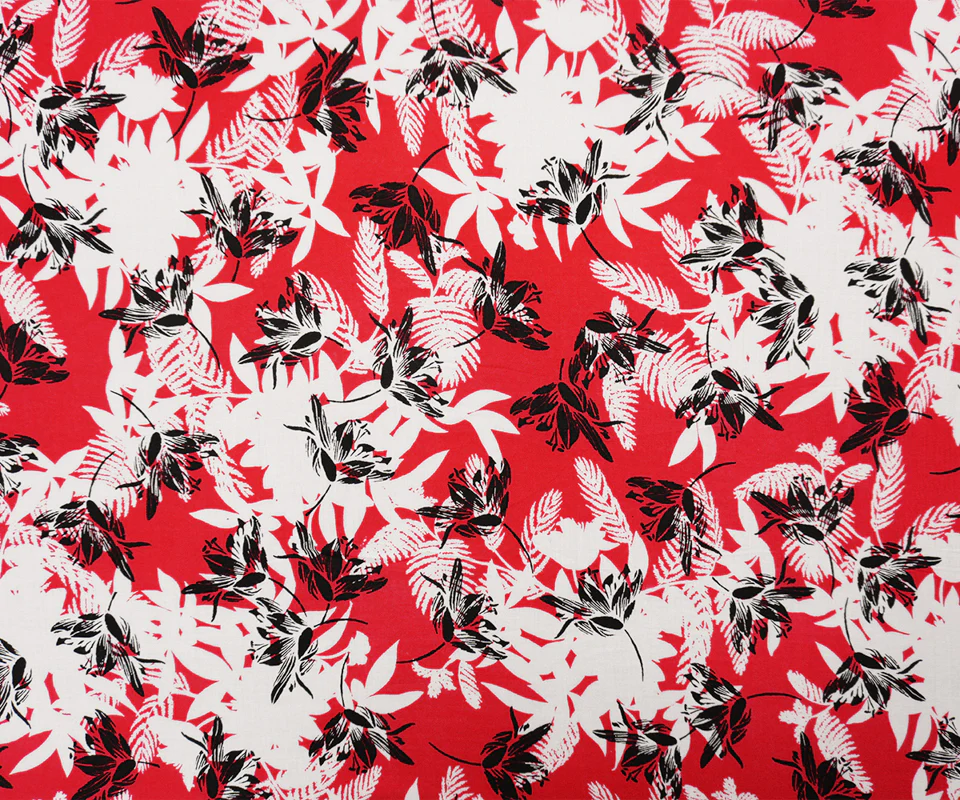 Red-White-Black Rayon Floral Printed Voile Woven Fabric - Image 3