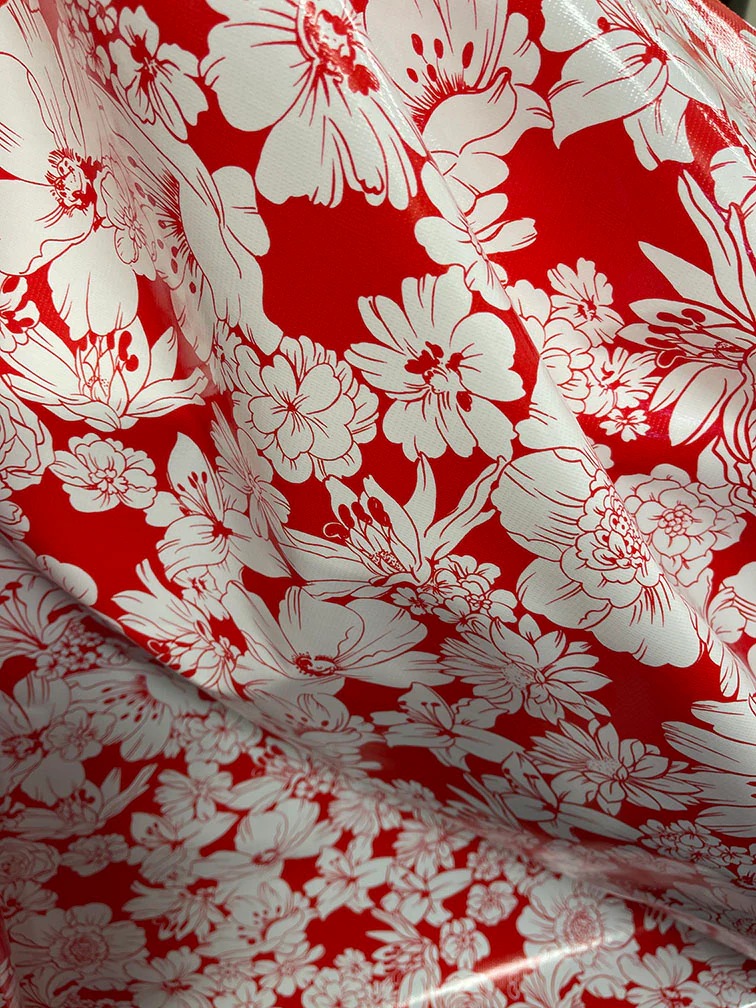 Red White Floral Oilcloth Fabric - Reorderable - Image 3