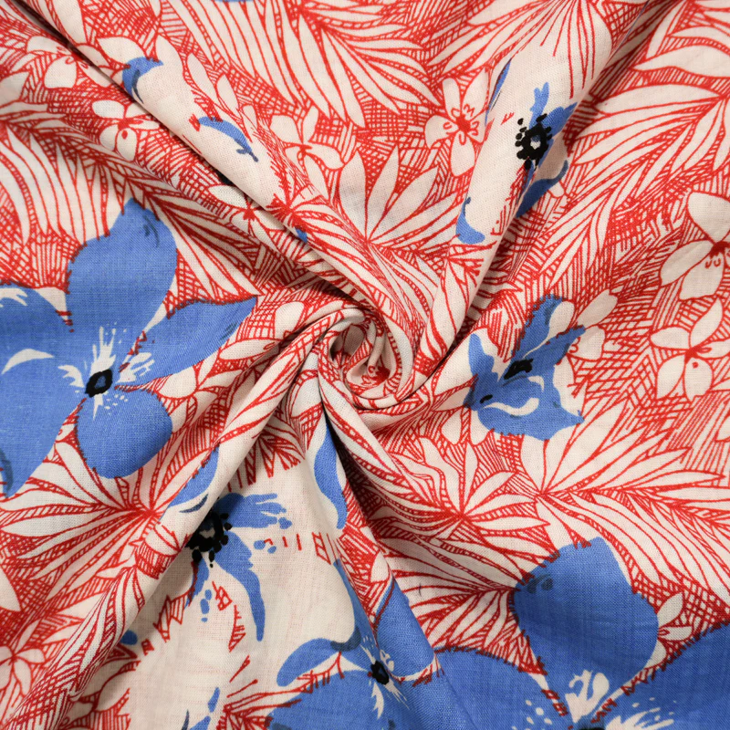 Red-White-Multi Cotton Floral Printed Voile Woven Fabric