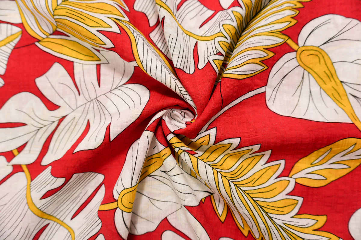 Red-White-Multi Cotton Leaves Printed Voile Woven Fabric - Image 2