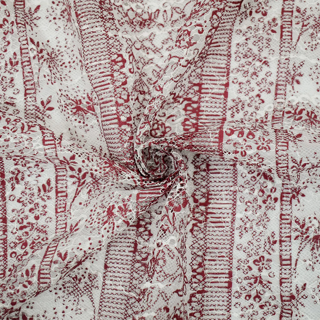 Red-White Nylon Floral Stripe Printed Lace Mesh Knit Fabric