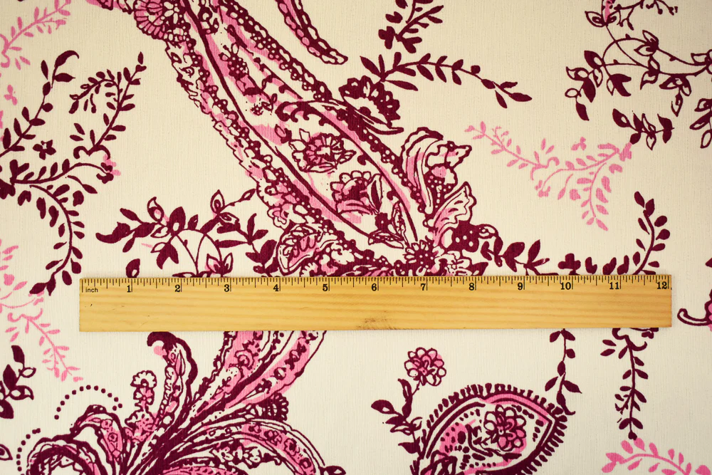 Red-White-Pink Paisley Vine Printed Poly Slub Momie Crepe Woven Fabric - Image 4