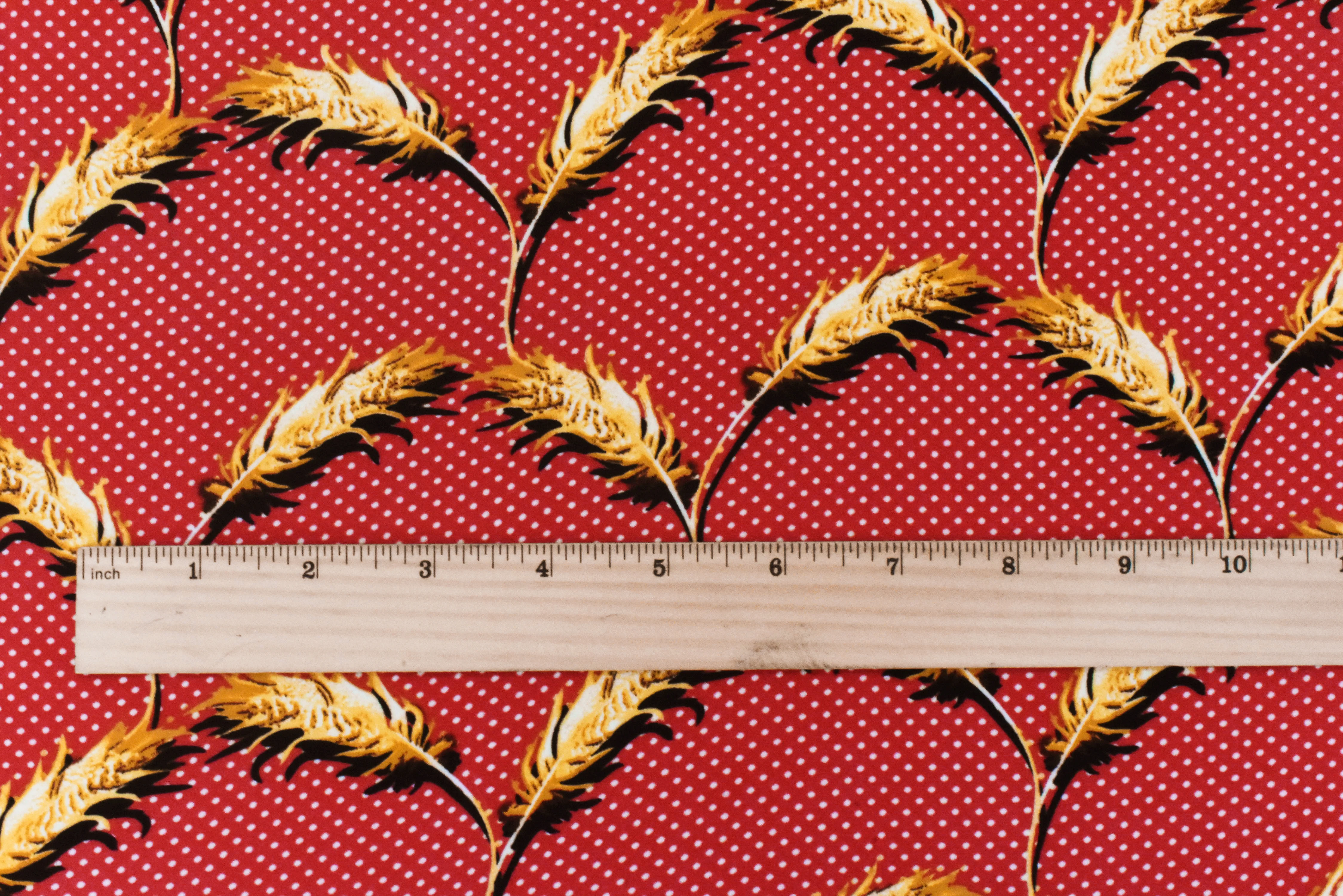 Red-Yellow-Multi Feather And Dot Printed Poly Georgette Woven Fabric - Image 4