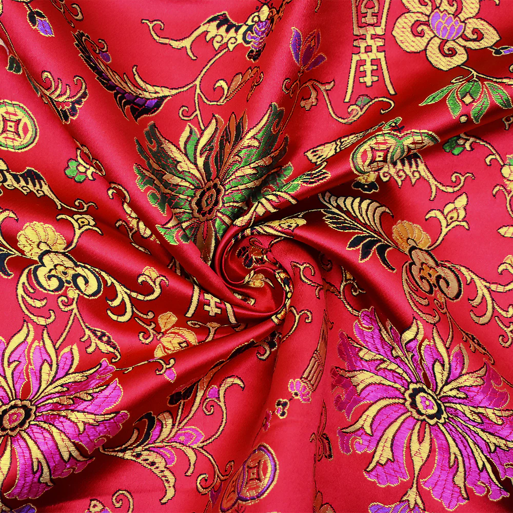 Red-Yellow-Multi Polyester Floral Chinese Brocade Woven Fabric