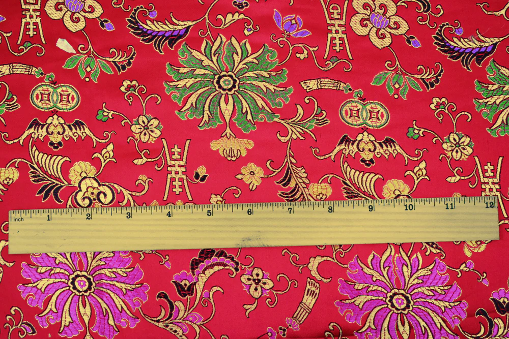 Red-Yellow-Multi Polyester Floral Chinese Brocade Woven Fabric - Image 5