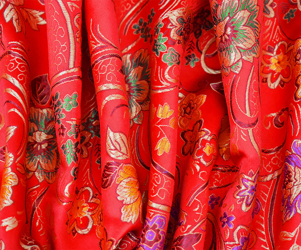 Red-Yellow-Multi Polyester  Floral Chinese Brocade Woven Fabric - Image 3