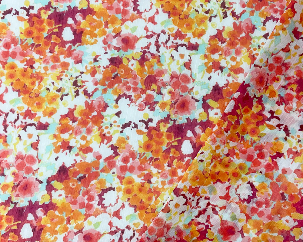 Red-Yellow Poly Floral Printed Crinkle Yoryu Chiffon Woven Fabric - Image 2