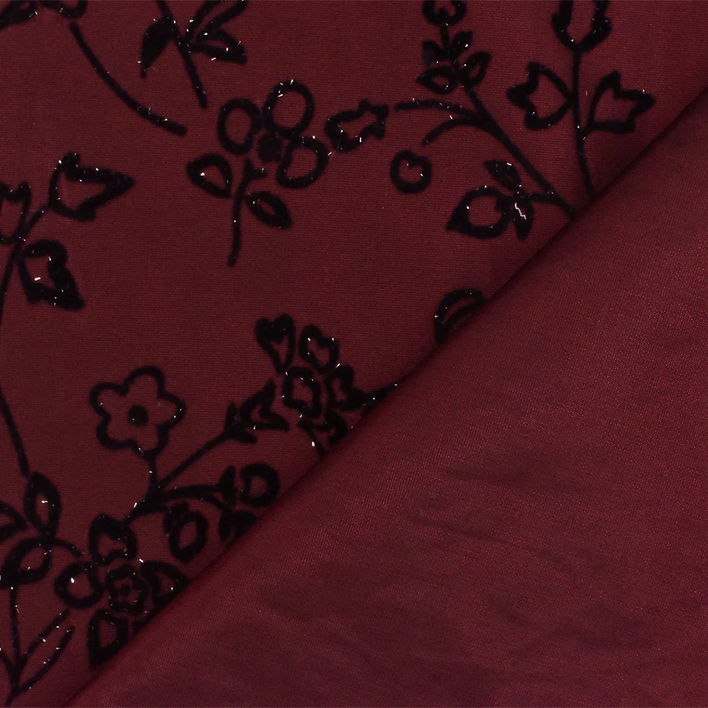 Romance Red-Black-Silver Floral Flock Printed Taffeta Woven Fabric - Image 3