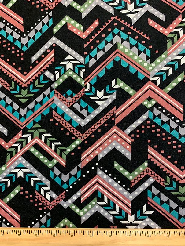 Rose and Teal Multi Broken Chevron Print Rayon Challis Fabric - Image 3