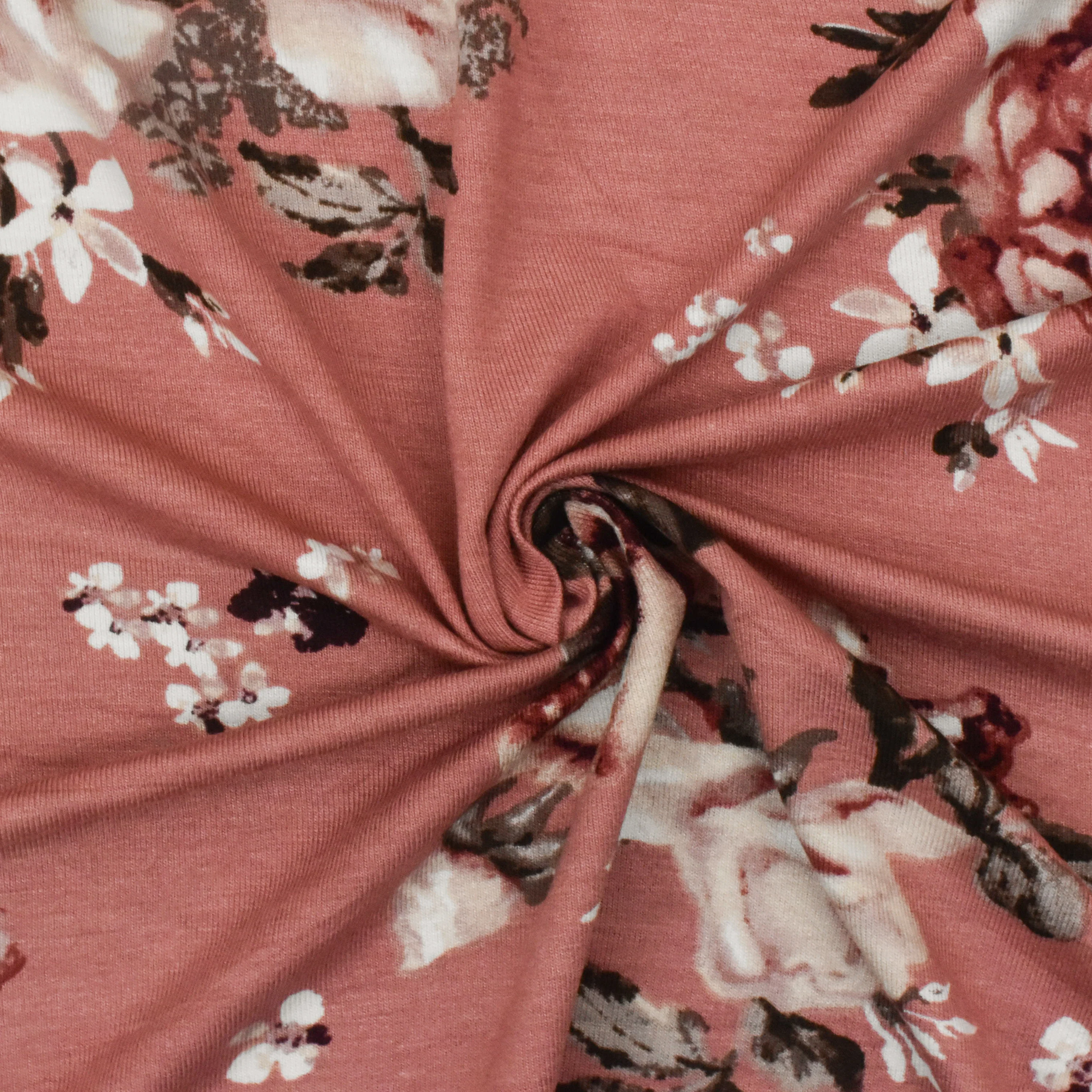 Rosy Pink-Brown-Multi Floral Printed Stretch Rayon Jersey Knit Fabric - Image 2