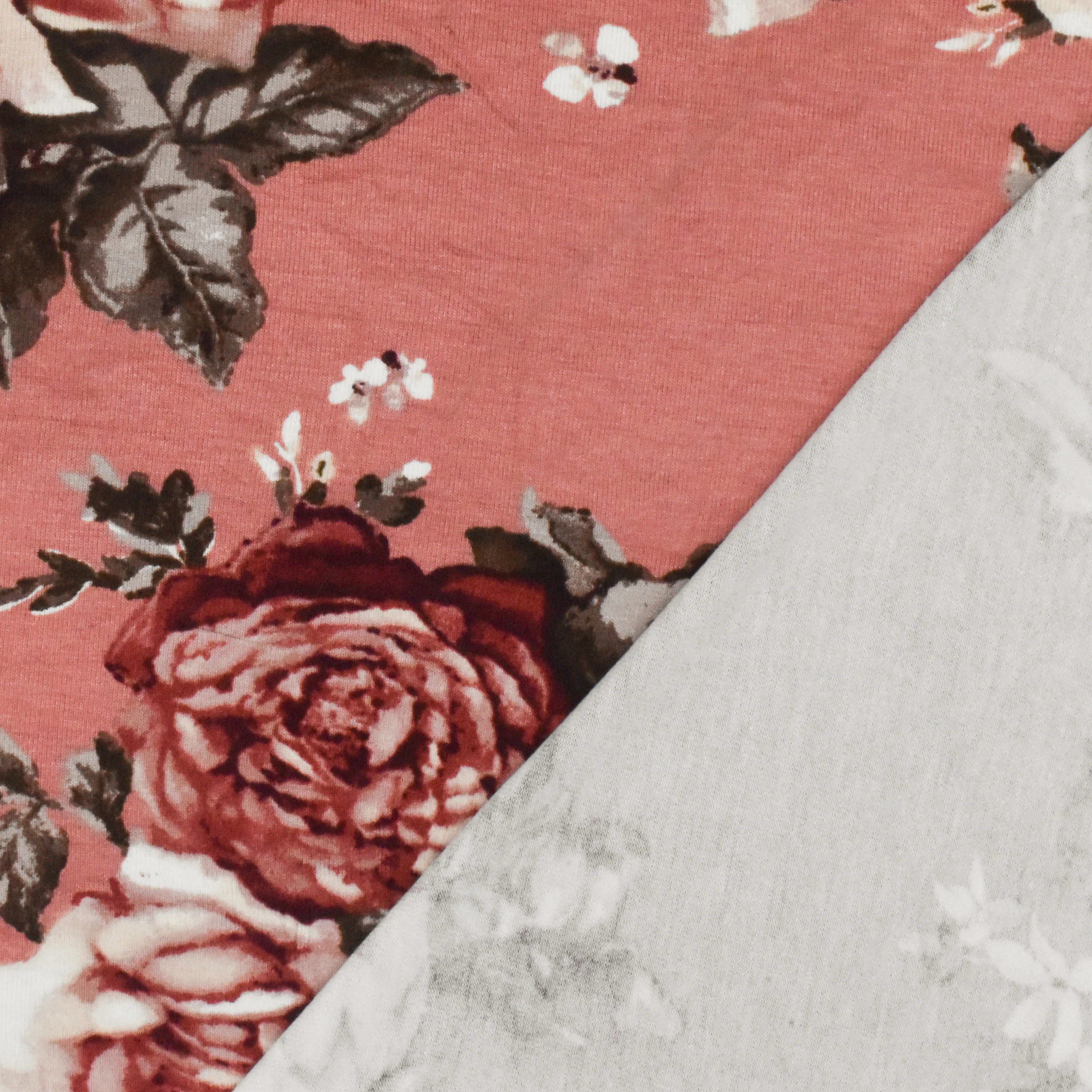 Rosy Pink-Brown-Multi Floral Printed Stretch Rayon Jersey Knit Fabric - Image 3