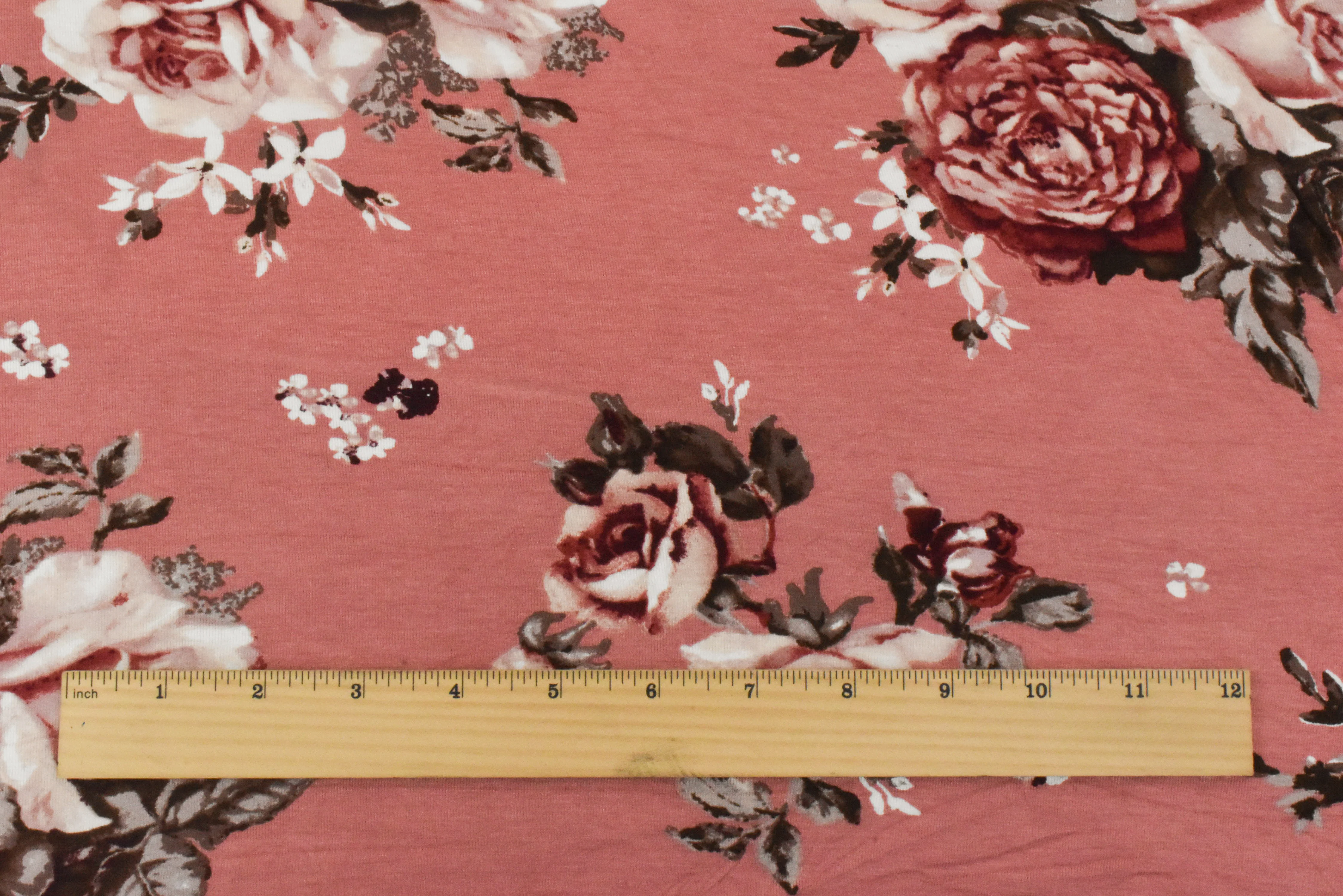 Rosy Pink-Brown-Multi Floral Printed Stretch Rayon Jersey Knit Fabric - Image 4