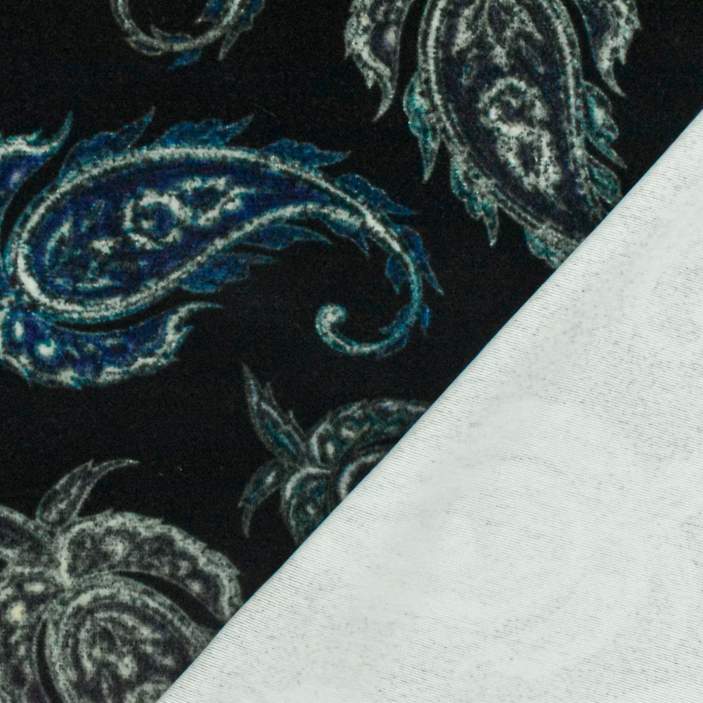 Royal Black-Multi Paisley Printed Stretch Poly Velvet Knit Fabric - Image 3