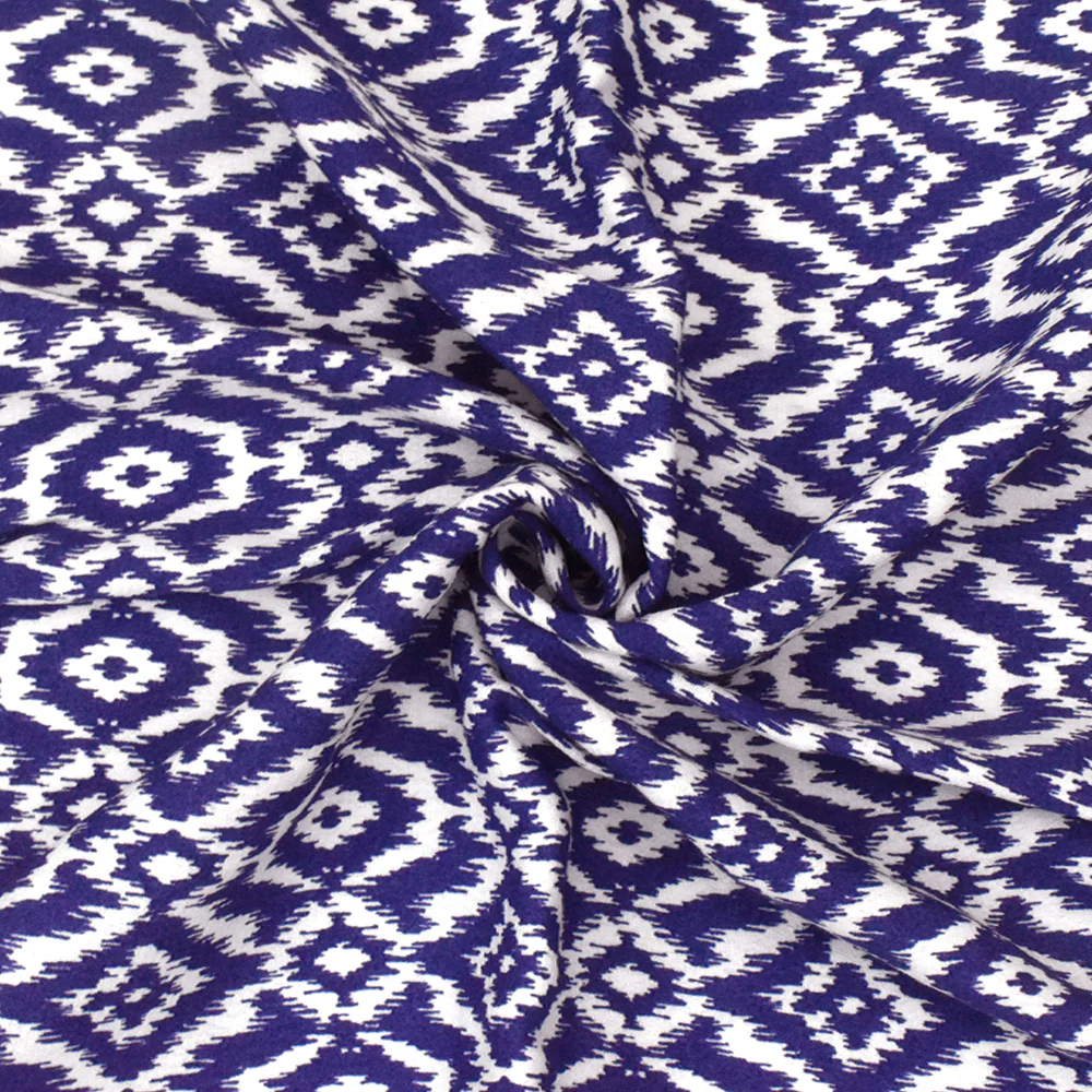 Royal Blue-White Ikat Printed Rayon Crepe Faille Woven Fabric - Image 2
