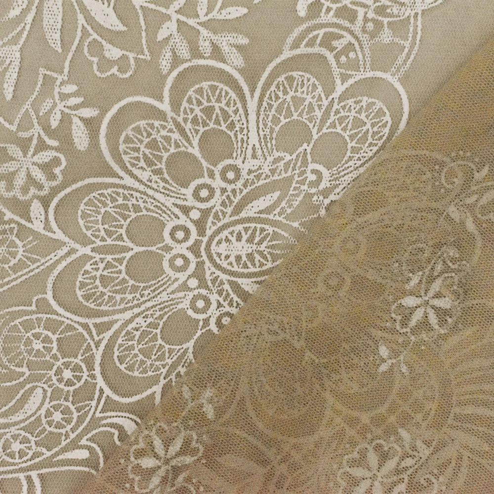 Sand Beige-White Floral Border Printed Nylon Mesh Knit Fabric - Image 3