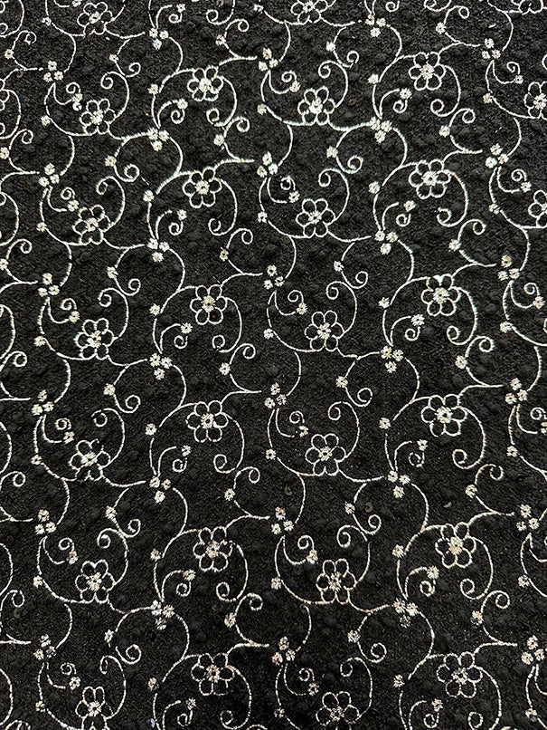 Silver Flocked Floral Faux Sequin on Black Chenille Fabric - Image 2