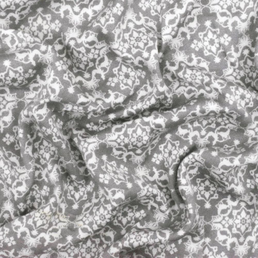 Silver Gray-Ivory Moroccan Printed Stretch Rayon Momie Woven Fabric - Image 3