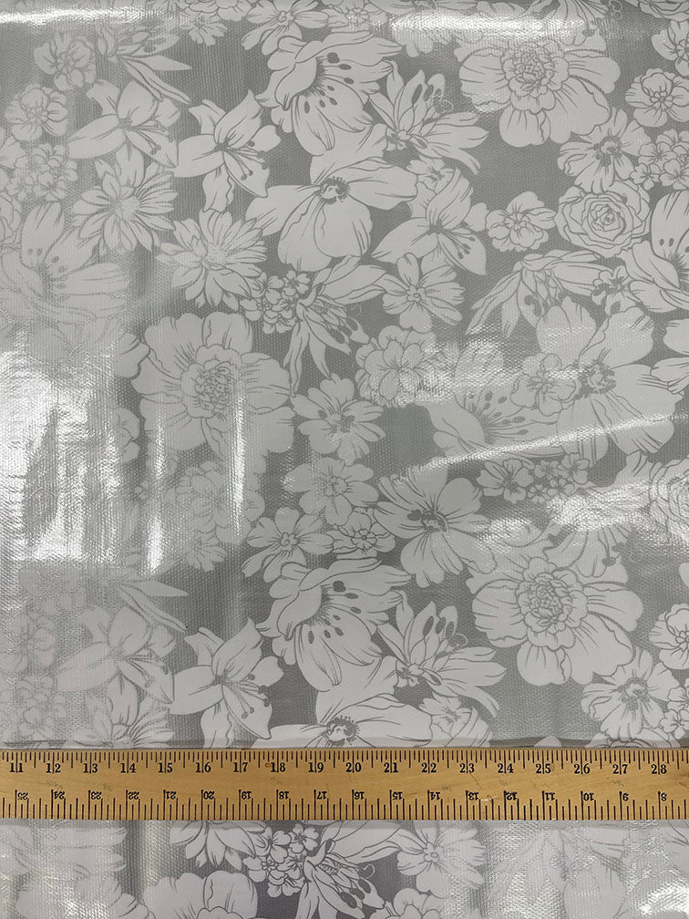 Silver White Floral Oilcloth Fabric - Reorderable - Image 2