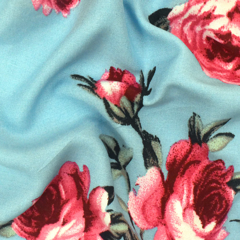 Sky Teal-Multi Floral Printed Challis Fabric - Image 3